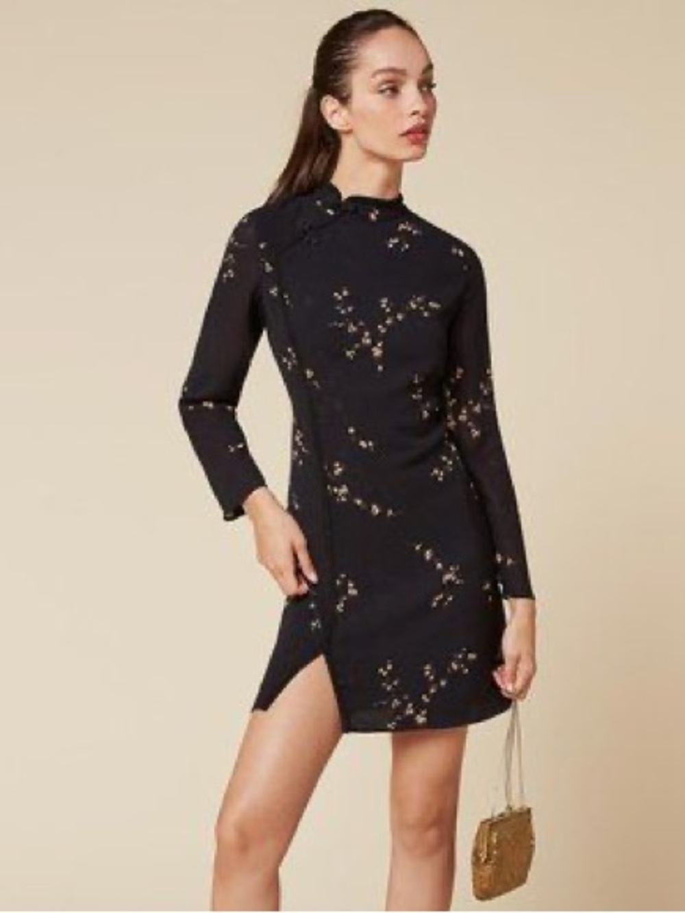 Reformation Lotus Dress Black Floral LongSleeve Mini Side Slit Oriental Button 8